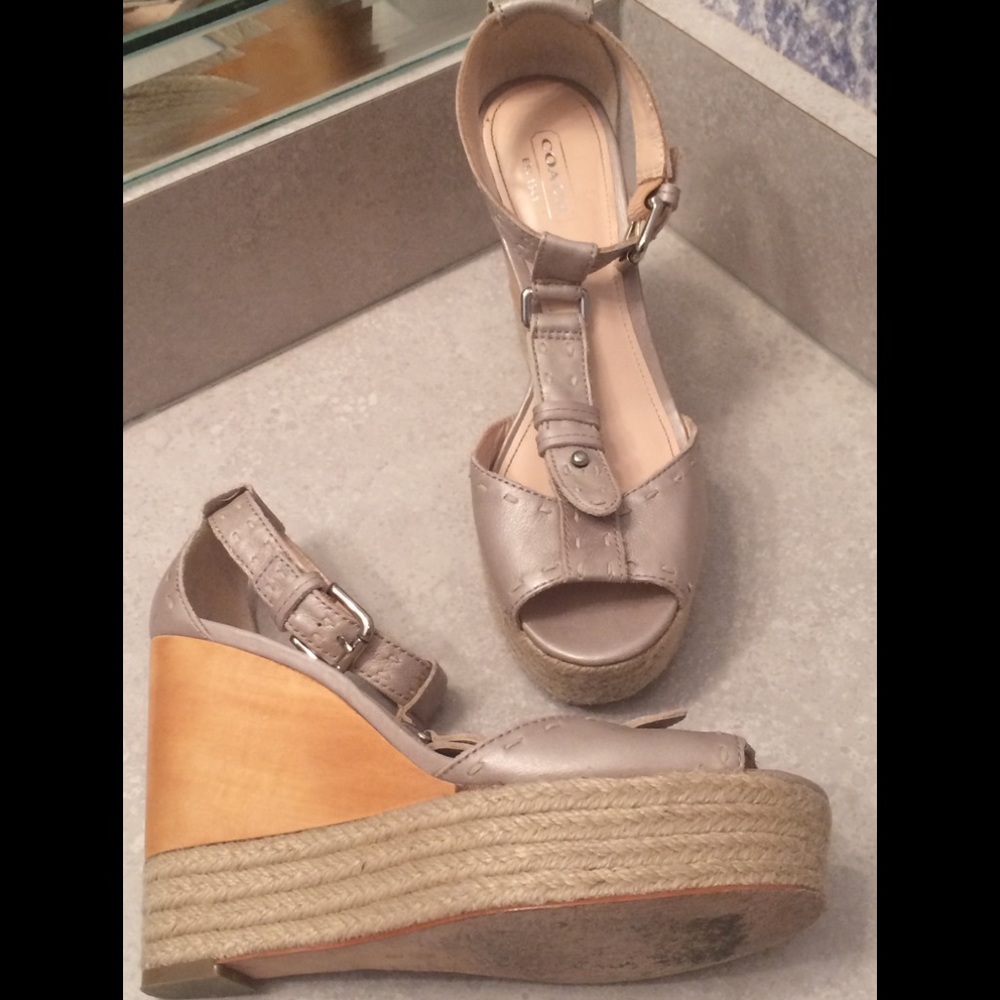 Coach Muted Silver Leather Platform Sandals Sz 7